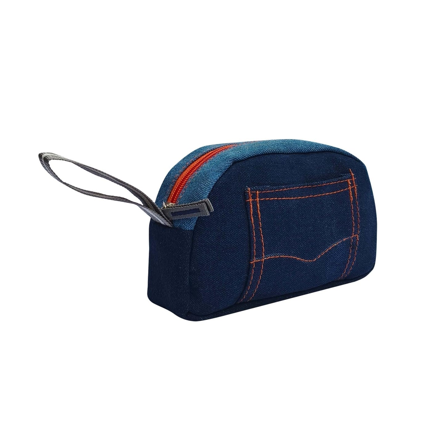 Denim Pencil Pouch Blue with Pocket Design, Zipper Closure, Grey Handle