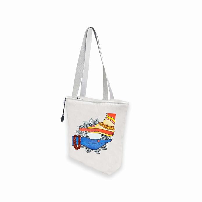 Hand-Printed Tote Bag with Classical Design–Reusable, Zipper Closure For Women & Girls