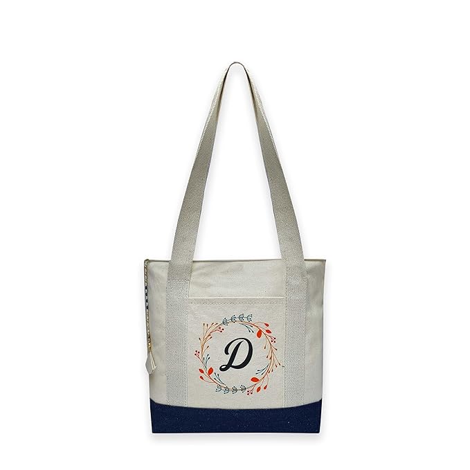 Canvas Tote Bag Letter with Floral Wreath Design Blue & off white