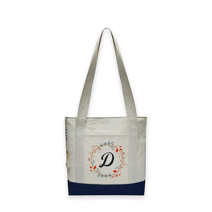 Canvas Tote Bag Letter with Floral Wreath Design Blue & off white