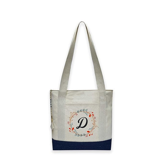 Canvas Tote Bag Letter with Floral Wreath Design Blue & off white