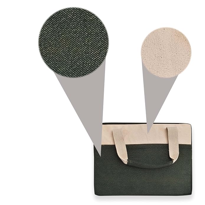 Two-Tone Cream and Dark Green Canvas Laptop Messenger Bag with Adjustable Shoulder Strap.