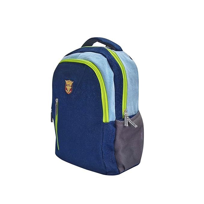 Denim Backpack Set with Lunch Bag and Toiletry Pouch, Navy Blue with Neon Green Accents, 3 Pieces
