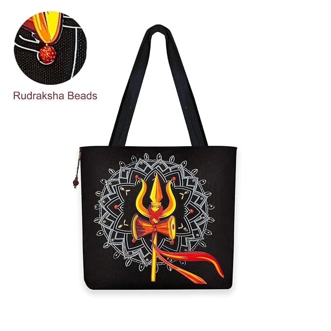 Canvas Cute Tote Bag with Trishul Mandala Design, Black Canvas Bag for College,Shopping,Travel for Daily Use