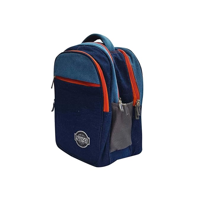 Denim Backpack Set with Lunch Bag and Toiletry Pouch, Navy Blue and Red, 3 Pieces