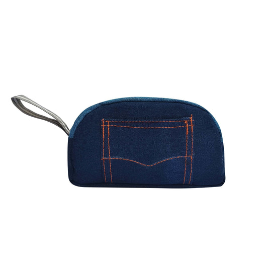 Denim Pencil Pouch Blue with Pocket Design, Zipper Closure, Grey Handle