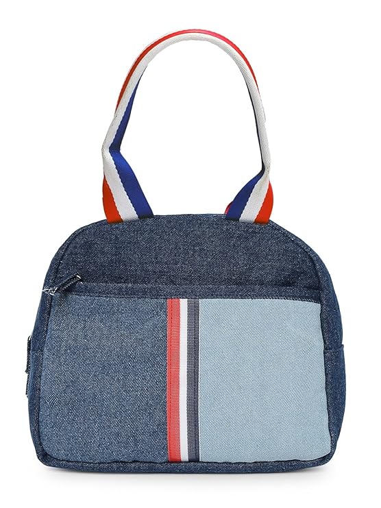 Denim Backpack Set with Lunch Bag and Toiletry Pouch, Navy Blue and Red, 3 Pieces