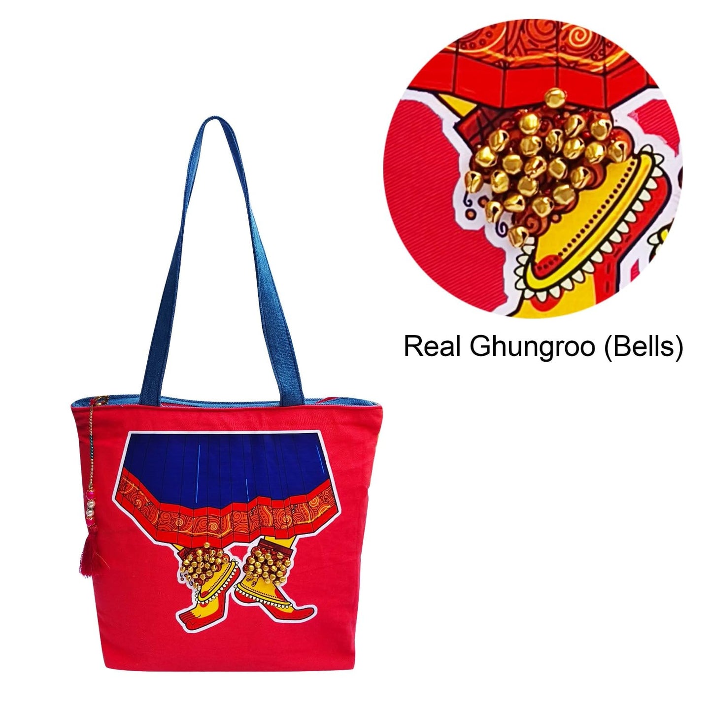 Hand-Painted Tote Bag with Classical Dancer Leg Posture Design–Reusable, Zipper Closure (Red) (White)