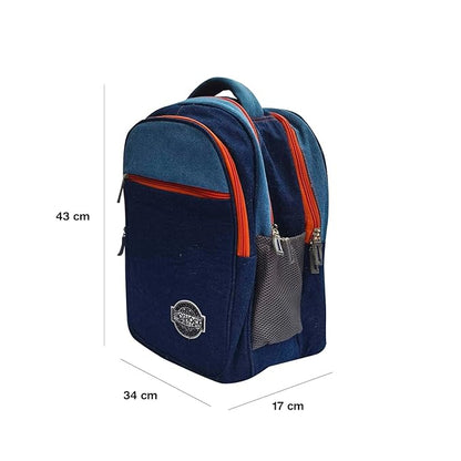Denim Backpack Set with Lunch Bag and Toiletry Pouch, Navy Blue and Red, 3 Pieces