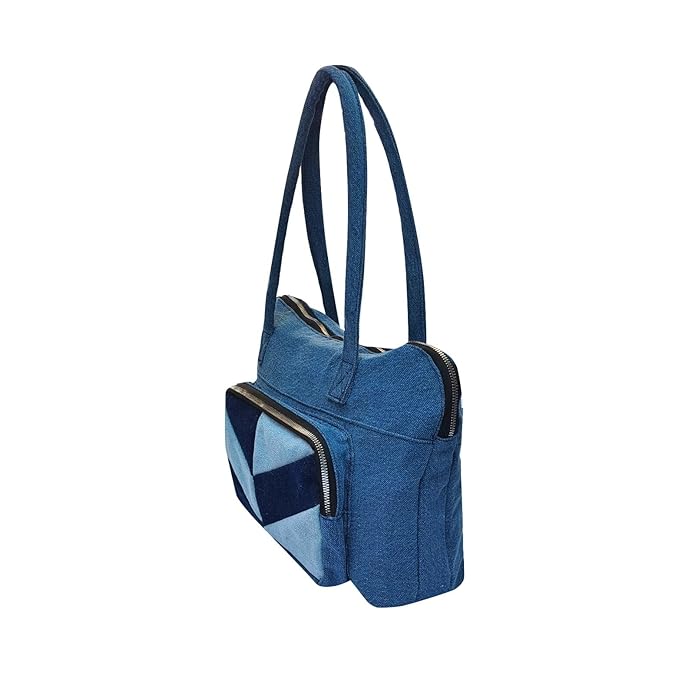 Denim Tote Bag with Geometric Pattern, Multi-Shade Blue, Front Zip Pocket Just Denim Laptop Bag