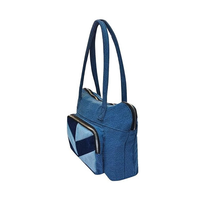 Denim Tote Bag with Geometric Pattern, Multi-Shade Blue, Front Zip Pocket Just Denim Laptop Bag