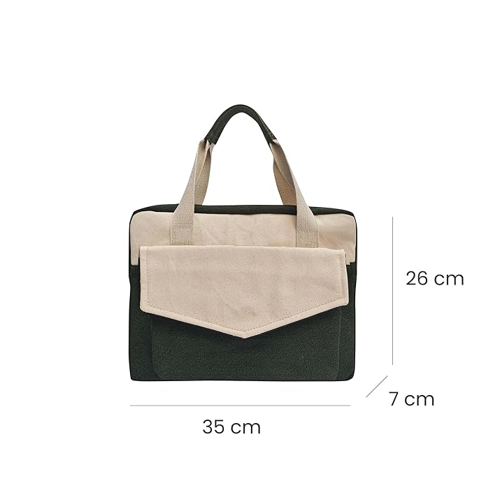 Two-Tone Cream and Dark Green Canvas Laptop Messenger Bag with Adjustable Shoulder Strap.