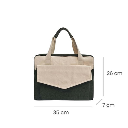 Two-Tone Cream and Dark Green Canvas Laptop Messenger Bag with Adjustable Shoulder Strap.