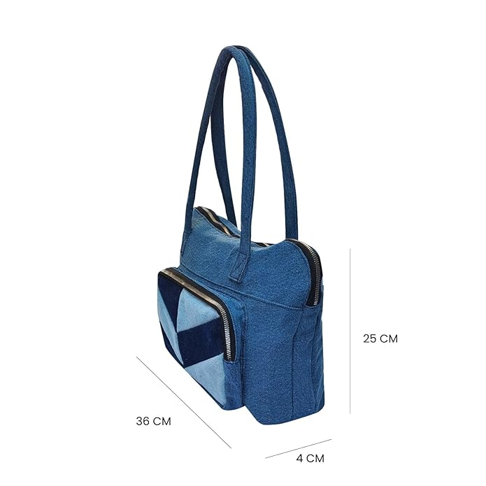 Denim Tote Bag with Geometric Pattern, Multi-Shade Blue, Front Zip Pocket Just Denim Laptop Bag