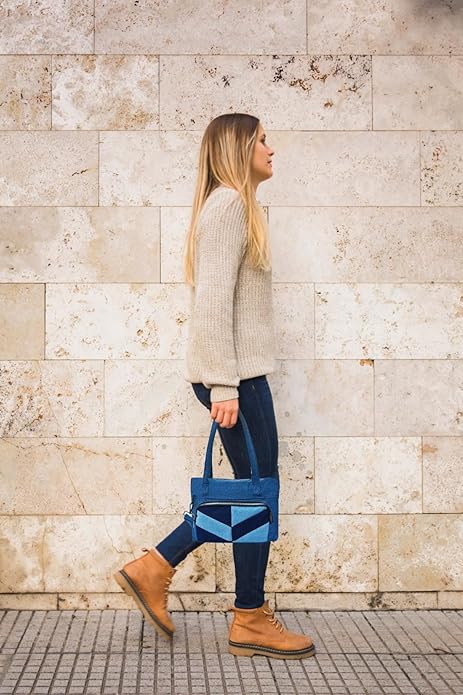 Denim Tote Bag with Geometric Pattern, Multi-Shade Blue, Front Zip Pocket Just Denim Laptop Bag