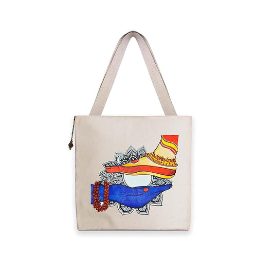 Hand-Printed Tote Bag with Classical Design–Reusable, Zipper Closure For Women & Girls
