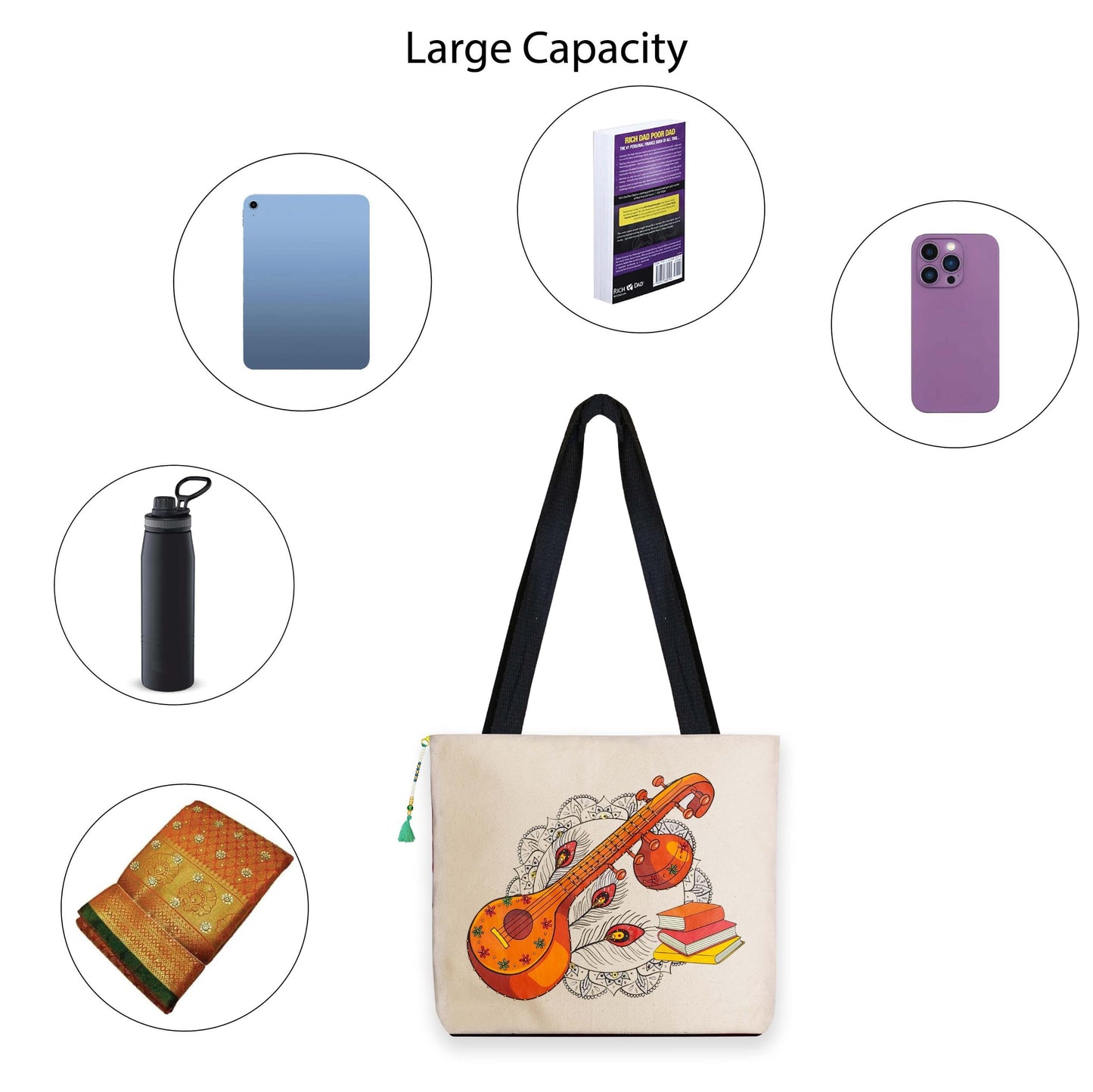 Hand-Painted Tote Bag with Classical Dancer Leg Posture Design–Reusable, Zipper Closure (Red) (White)