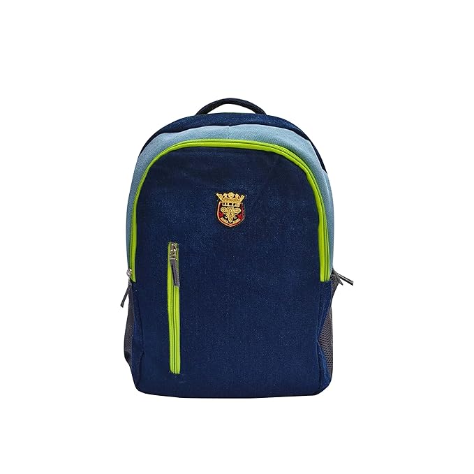 Denim Backpack Set with Lunch Bag and Toiletry Pouch, Navy Blue with Neon Green Accents, 3 Pieces