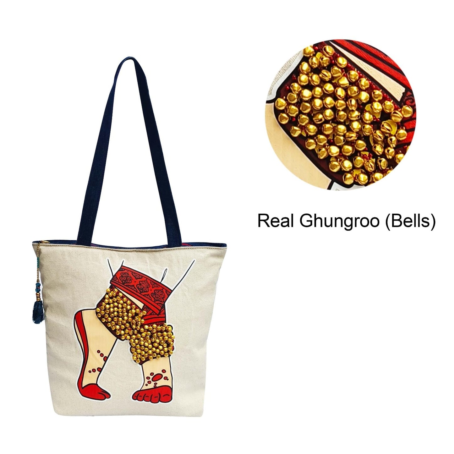 Hand-Painted Tote Bag with Classical Dancer Leg Posture Design–Reusable, Zipper Closure (Red) (White)