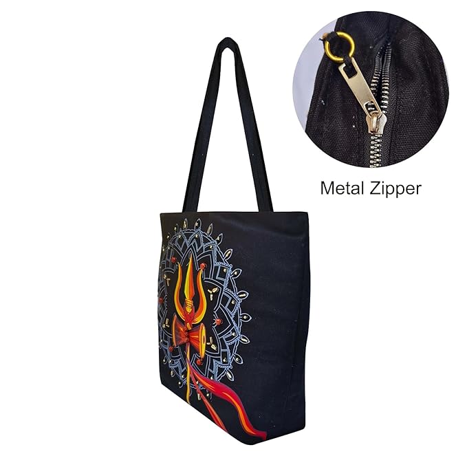 Canvas Cute Tote Bag with Trishul Mandala Design, Black Canvas Bag for College,Shopping,Travel for Daily Use