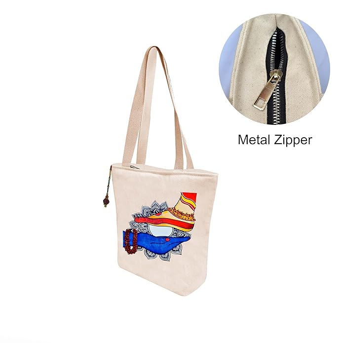Hand-Printed Tote Bag with Classical Design–Reusable, Zipper Closure For Women & Girls