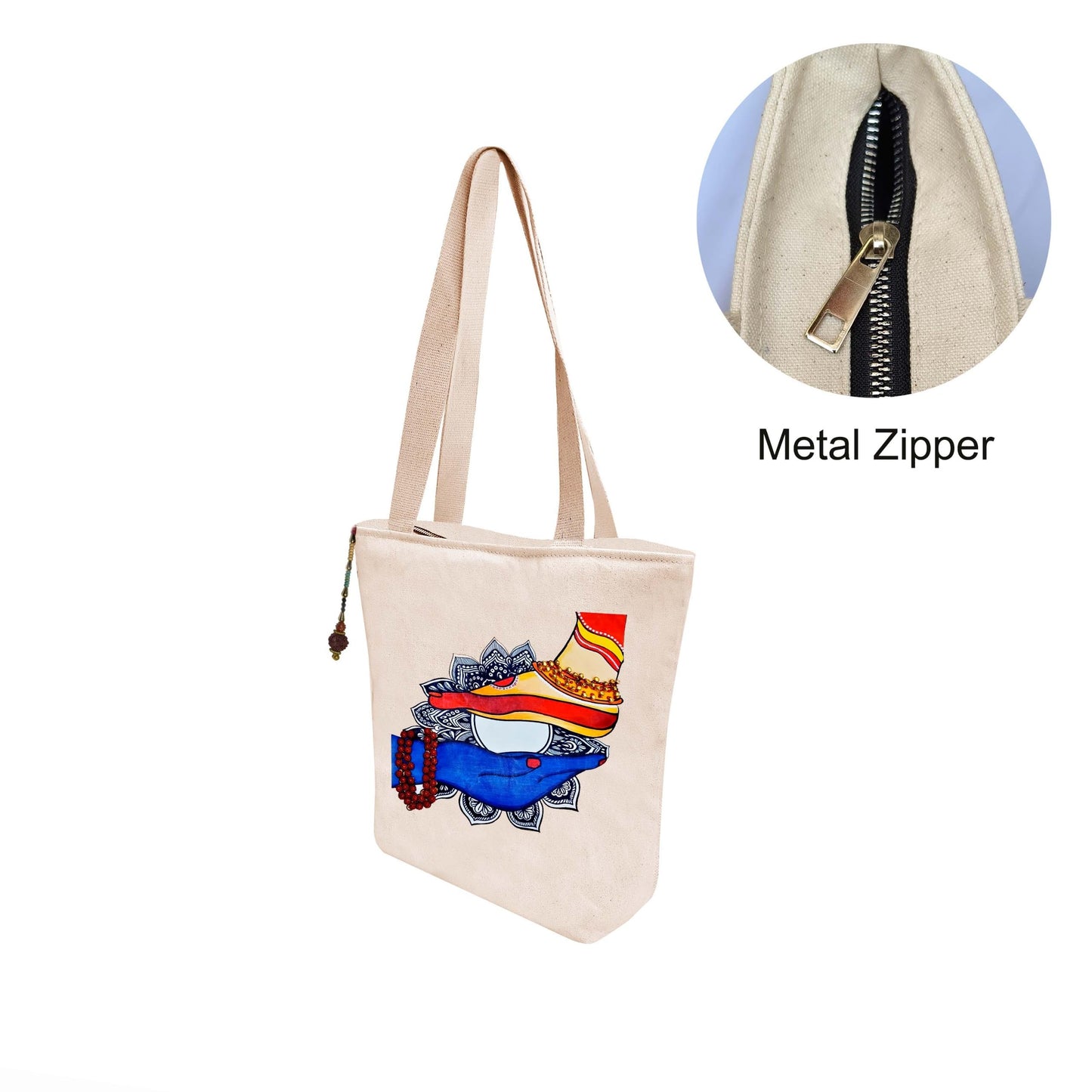 Hand-Painted Tote Bag with Classical Dancer Leg Posture Design–Reusable, Zipper Closure (Red) (White)