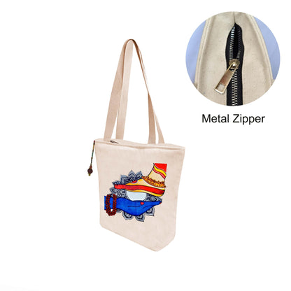 Hand-Painted Tote Bag with Classical Dancer Leg Posture Design–Reusable, Zipper Closure (Red) (White)
