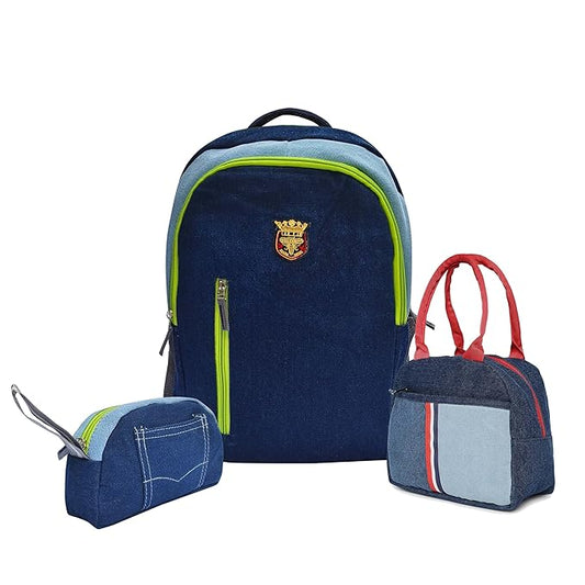 Denim Backpack Set with Lunch Bag and Toiletry Pouch, Navy Blue with Neon Green Accents, 3 Pieces