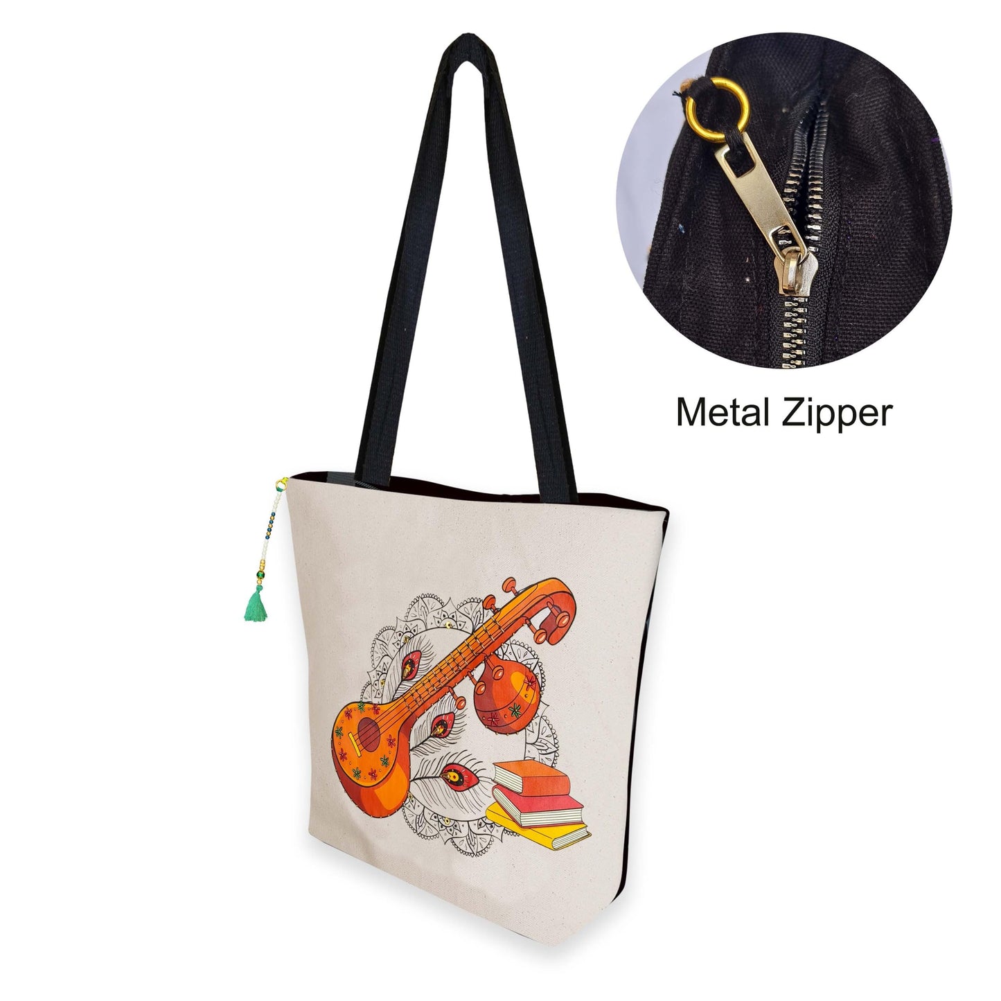 Hand-Painted Tote Bag with Classical Dancer Leg Posture Design–Reusable, Zipper Closure (Red) (White)