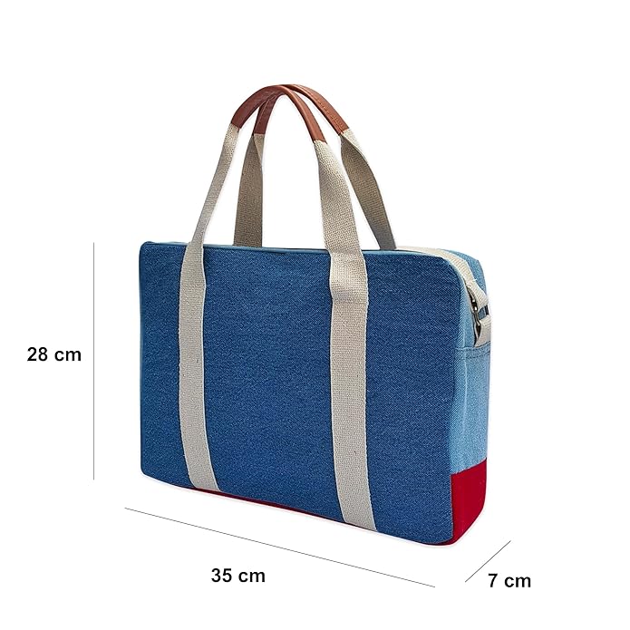 Canvas Laptop Bag, Denim Blue and Red, Dual Handle with Shoulder Strap