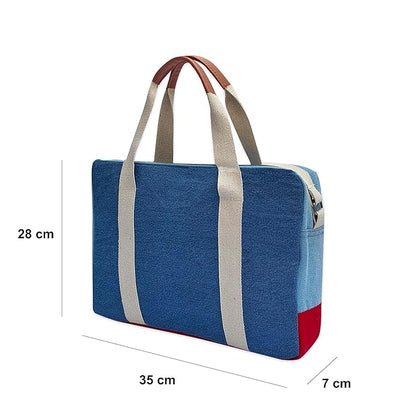 Canvas Laptop Bag, Denim Blue and Red, Dual Handle with Shoulder Strap