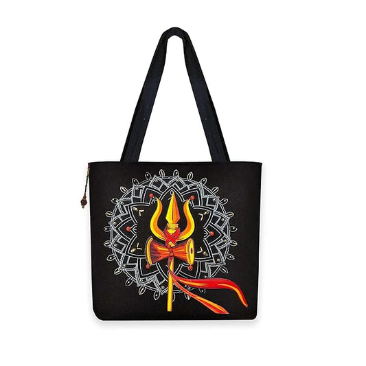 Canvas Cute Tote Bag with Trishul Mandala Design, Black Canvas Bag for College,Shopping,Travel for Daily Use