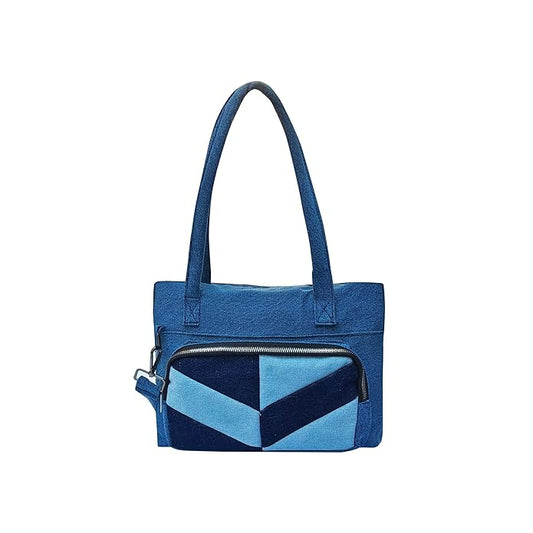 Denim Tote Bag with Geometric Pattern, Multi-Shade Blue, Front Zip Pocket Just Denim Laptop Bag