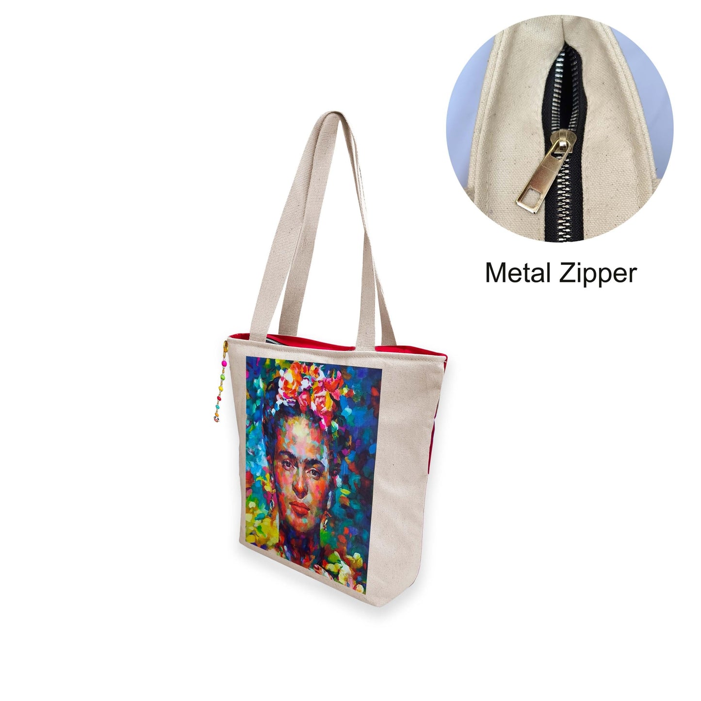 Hand-Painted Tote Bag with Classical Dancer Leg Posture Design–Reusable, Zipper Closure (Red) (White)