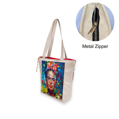 Hand-Painted Tote Bag with Classical Dancer Leg Posture Design–Reusable, Zipper Closure (Red) (White)