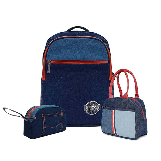 Denim Backpack Set with Lunch Bag and Toiletry Pouch, Navy Blue and Red, 3 Pieces