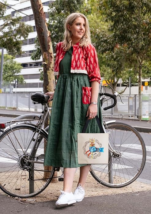 Hand-Printed Tote Bag with Classical Design–Reusable, Zipper Closure For Women & Girls