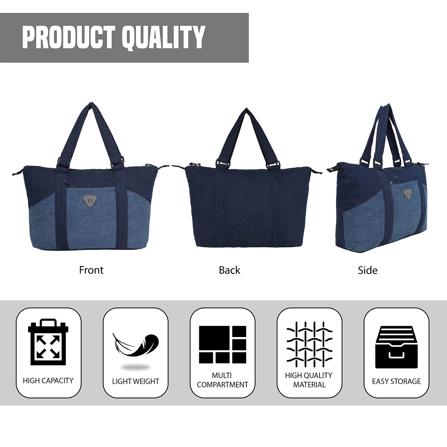 Stylish Denim Tote Bag for Women | Zipper Tote Bags | Shoulder Bag with Inner Zipper of Denim Blue colour
