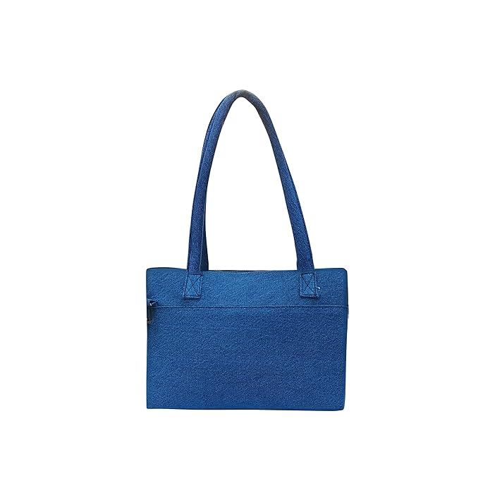 Denim Tote Bag with Geometric Pattern, Multi-Shade Blue, Front Zip Pocket Just Denim Laptop Bag