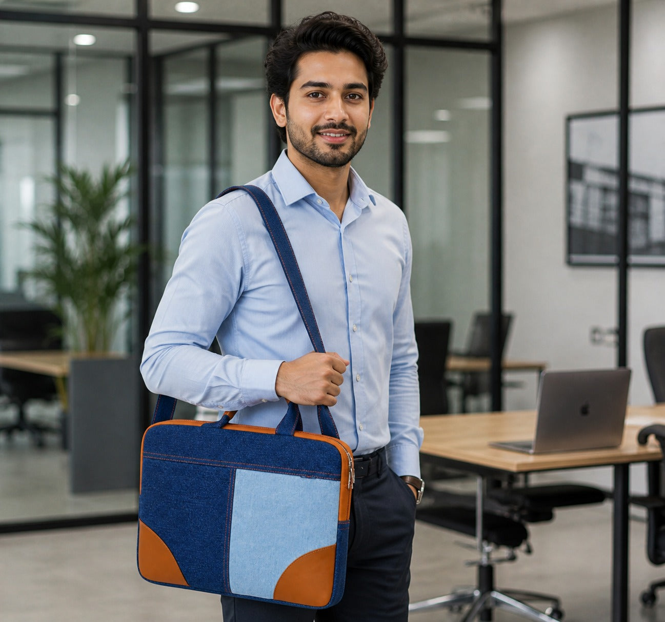 Classic Denim Messenger Laptop bag with PU accent