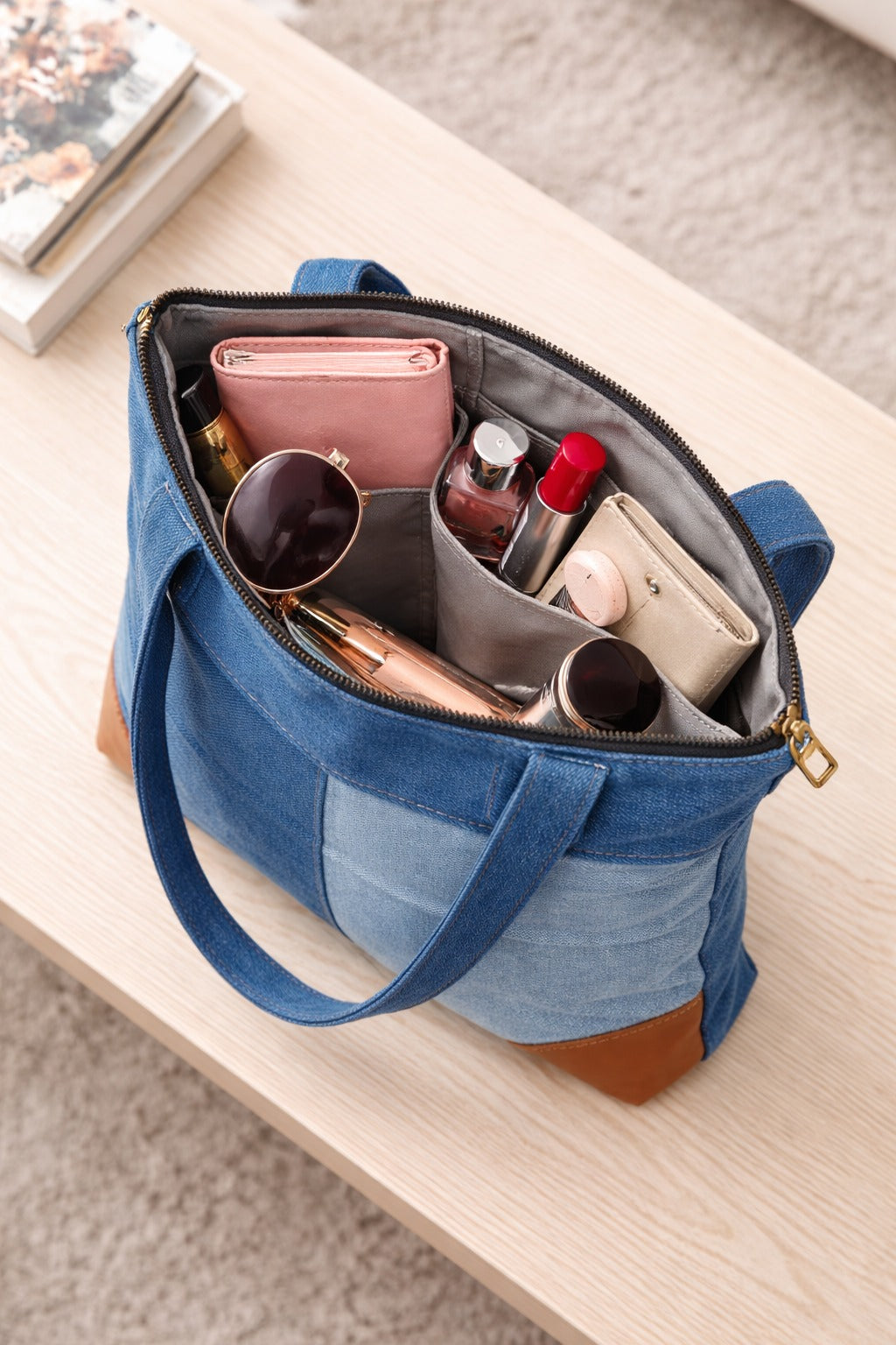 Classic Denim Tote with PU accent
