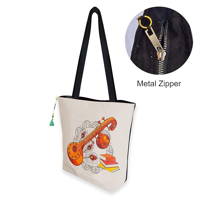 Hand-Printed Tote Bag with Classical Design–Reusable, Zipper Closure For Women & Girls