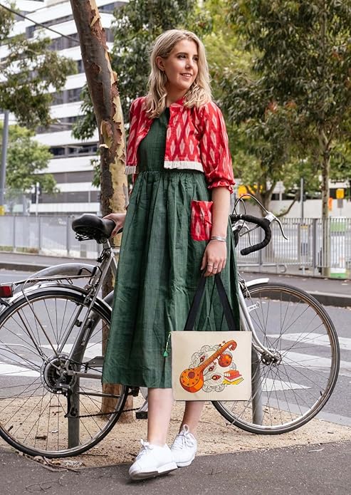 Hand-Printed Tote Bag with Classical Design–Reusable, Zipper Closure For Women & Girls